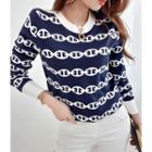 Button-shoulder Pattern Sweater Navy Blue - One Size