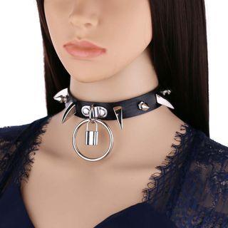 Lock Pendant Studded Faux Leather Choker