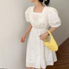 Square Collar Embroider Puff-sleeved Dress White - One Size