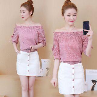 Set: Striped Off-shoulder Top + Buttoned A-line Skirt