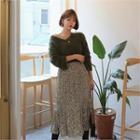 Set: Furry Knit Top + Patterned Crinkled Midi Skirt Khaki - One Size