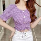 Bell-sleeve Gingham Cropped Blouse