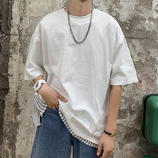 Mock Two-piece Elbow-sleeve Striped Trim T-shirt