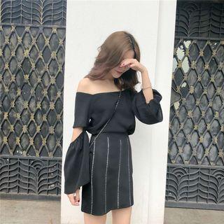 Plain Off-shoulder Long-sleeve Top / High-waist Skirt