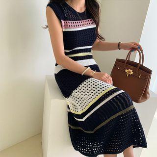 Set: Color Block Crochet Maxi Sheath Tank Dress + Slipdress