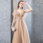 Short-sleeve Sequined A-line Mesh Gown