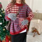Color-block Houndstooth Round-neck Knit Sweater