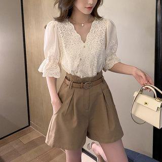 Set: Short-sleeve Eyelet Lace Blouse + Shorts