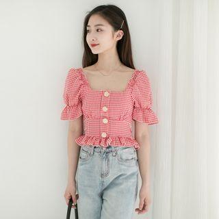 Square-neck Puff-sleeve Cropped Chiffon Short-sleeve Shirt