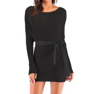 Long-sleeve Tie-waist Ribbed Knit A-line Mini Dress