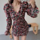 Long-sleeve V-neck Floral Shirred Dress