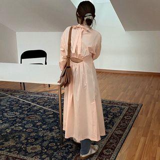 Long-sleeve Cutout Midi A-line Dress Pink - One Size
