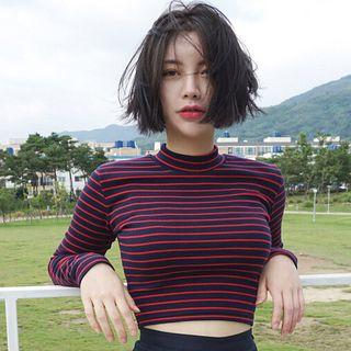 Striped Mock Neck Cropped Long Sleeve T-shirt