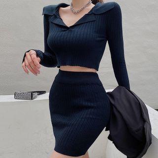 Set: Long-sleeve Open-collar Knit Top + Mini Skirt
