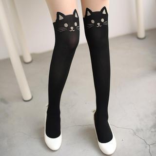 Cat Print Tights Black And Nude - One Size