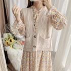 Set: Floral Print Bell-sleeve Midi A-line Dress + Cable Knit Vest