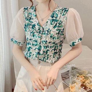 Short-sleeve V-neck Mesh Panel Floral Shirt