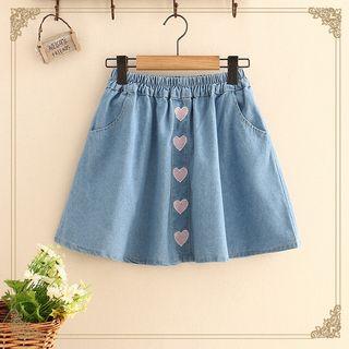 Heart Embroidered A-line Denim Skirt
