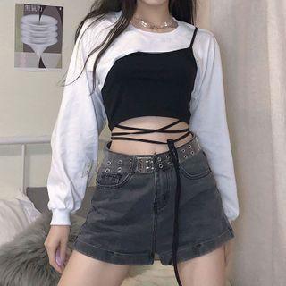 Mock Two-piece Tie-strap Long-sleeve Cropped T-shirt