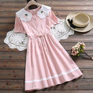 Embroidered Collared Short-sleeve A-line Dress