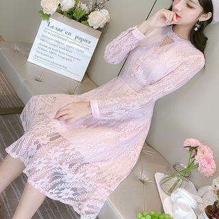 Set: Long-sleeve Lace Midi A-line Dress + Spaghetti Strap Dress