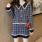 Set: Collared Plaid Cardigan + A-line Skirt Plaid - Black - One Size