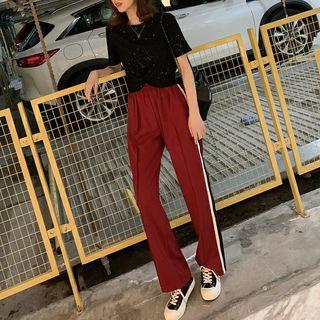 Printed Short-sleeve Knotted T-shirt / Wide Leg Sweatpants / Washed Straight-cut Jeans / Set