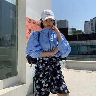 Shirred-sleeve Letter-printed Cropped Windbreaker