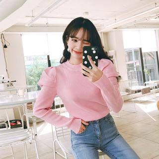 Puff-shoulder Rib-knit Top