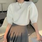 Set: Puff-sleeve Knit Top + Arm Sleeves Top - White - One Size