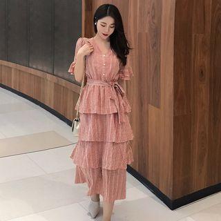 Short-sleeve / Spaghetti Strap Plaid Midi Tiered Dress
