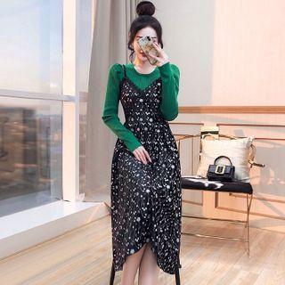 Set: Ribbed Knit Top + Floral Print Overall Dress