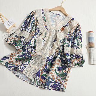 Short-sleeve Print Top Almond - One Size