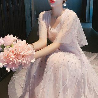 Long-sleeve Rhinestone Mesh Midi A-line Dress