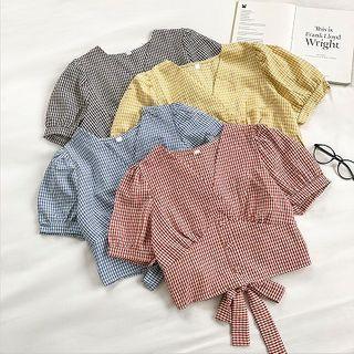 Color-block Plaid V-neck Lace-up Puff-sleeve Blouse