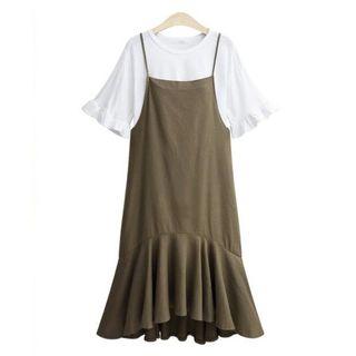 Set: Short-sleeve Top + Spaghetti Strap Midi Dress