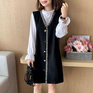 Set: Bell-sleeve Blouse + Mini Knit Pinafore Dress Blouse & Knit Pinafore Dress - Black - One Size