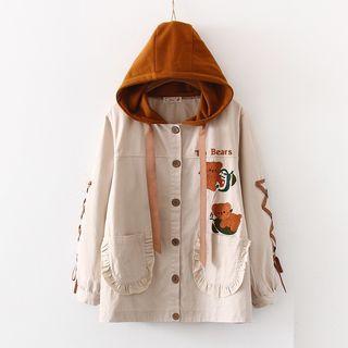 Embroidered Hooded Button Jacket / Pocket Detail Shirt With Cat Embroidered Tie
