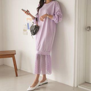 Crew-neck Lace-hem Pullover Dress