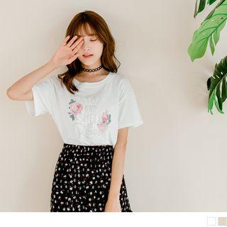 Short Sleeve Rose & Letter Print T-shirt