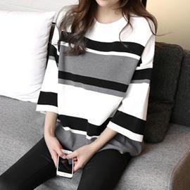 3/4-sleeve Contrast-trim Knit Top