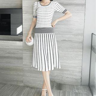Set: Knit Short-sleeve Stripe Top + Midi A-line Skirt