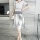 Set: Knit Short-sleeve Stripe Top + Midi A-line Skirt
