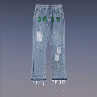 Lettering Distressed Boot-cut Jeans