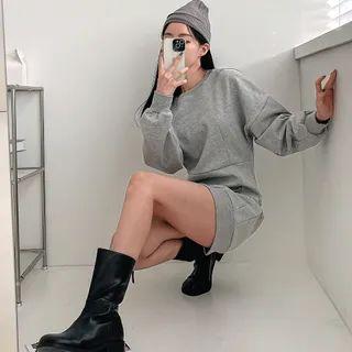 Seam-trim Plain Mini Sweatshirt Dress
