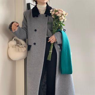 Contrast Collar Double-breasted Coat Gray - One Size