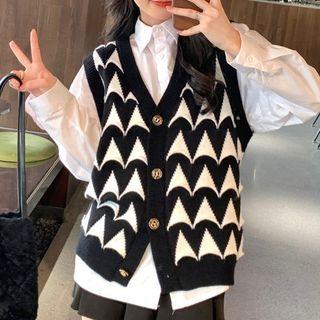 Patterned Single-breasted Sweater Vest Vest - Black & White - One Size