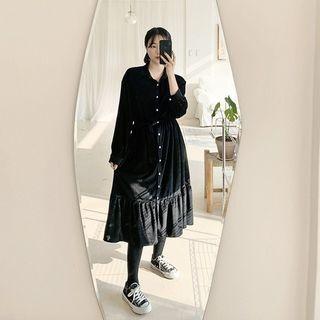 Ruffled Velvet Long Shirtdress