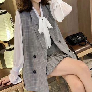 Set: Long-sleeve Blouse + Mini Plaid Pleated Skirt + Plaid Vest