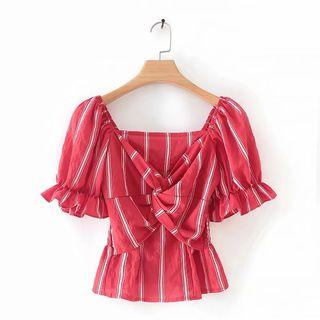 Short-sleeve Frill Trim Knotted Striped Top